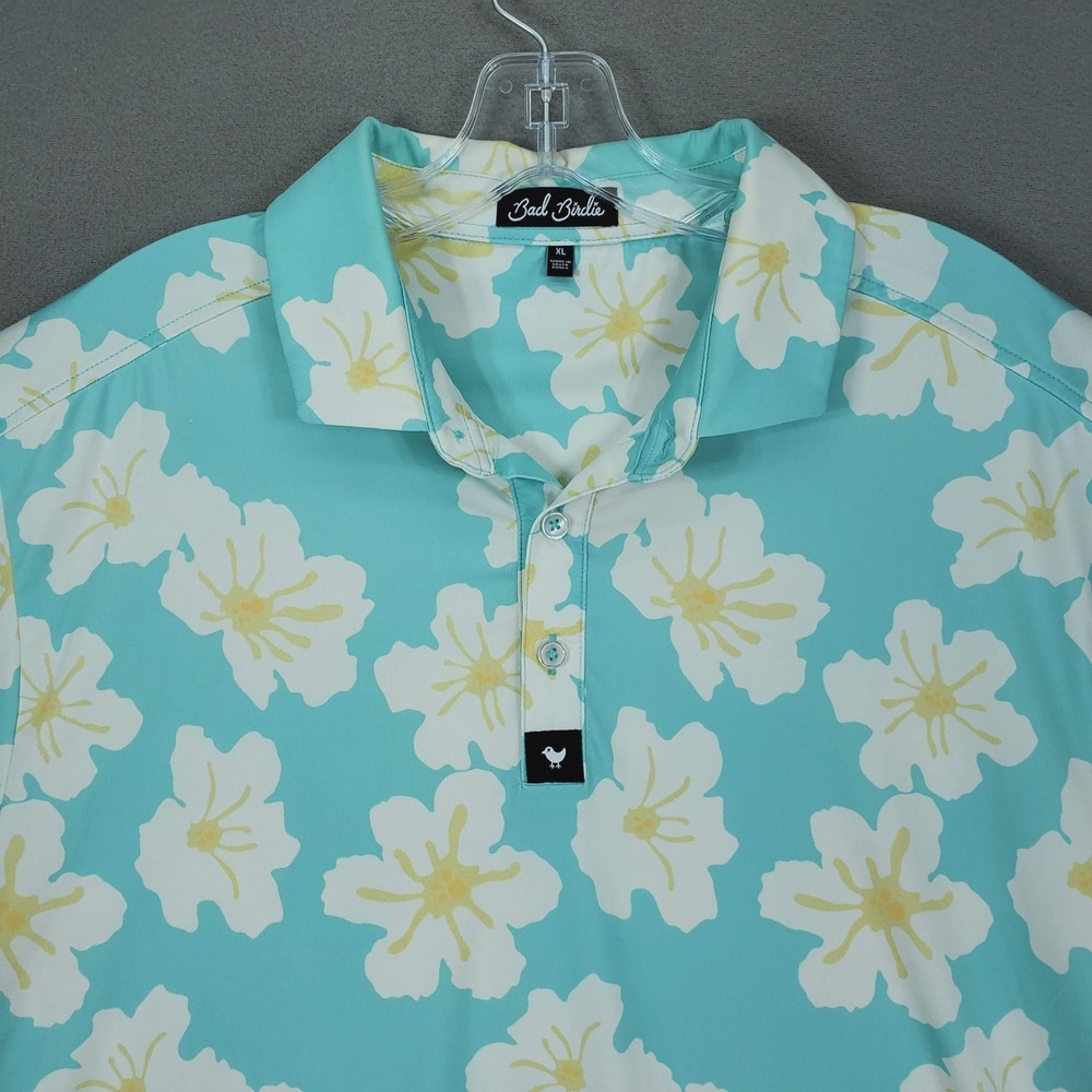 Bad Birdie Polo Shirt Mens XL Turquoise Blue Floral Hibiscus Performance Golf